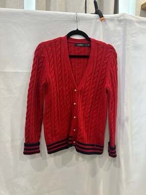 Lauren Ralph Lauren Red Cable-Knit Lambswool Blend Cardigan with Pearl Buttons
